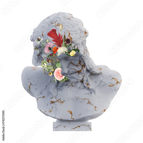 Christ on the Crucifix statues 3d render, collage with flower petals compositions for your work