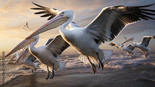 a dynamic composition of a group of pelicans in mid-flight, their wingspans creating captivating patterns against a coastal backdrop
