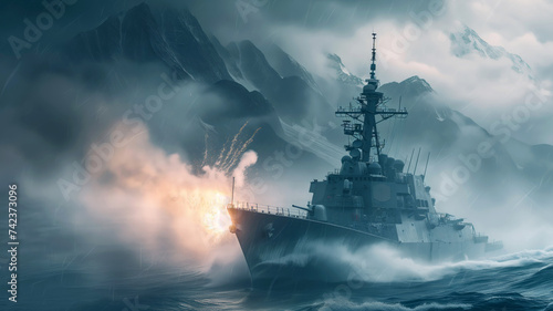 Navy ship in combat against towering mountains in darkness. Vessel unleashes firepower to overcome obstacles stand in way. Symbol of resilience