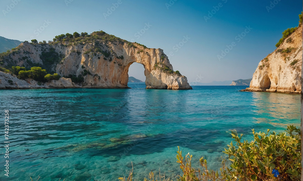 Bright spring view of the Cameo Island. Picturesque morning scene on the Port Sostis, Zakinthos island, Greece, Europe. Beauty of nature concept background