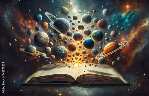 an open book with a group of planets emerging from its pages