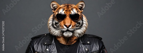 Portrait of a tiger in sunglasses and a leather jacket on a dark background. Advertising banner with copy space. Creative animal concept.