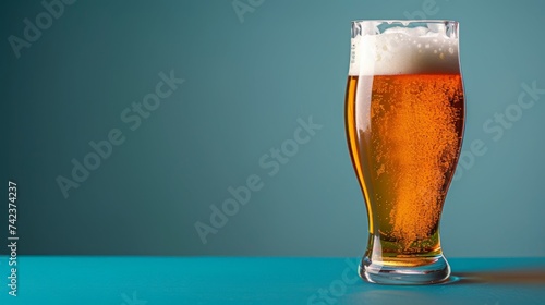 A glass of beer on a blue background. Yellow liquid with bubbles and foam in a glass.
