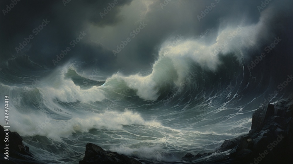 a moody stormy seascape wall, with turbulent waves and muted tones, capturing the drama of nature's tempest - obrazy, fototapety, plakaty 