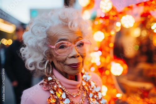 A senior woman with elegant glasses and a radiant smile amidst a backdrop of festive orange lights