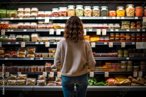 A female person exploring the organic section of the supermarket, seeking products that meet New Food Restrictions guidelines endorsed by the FDA photo