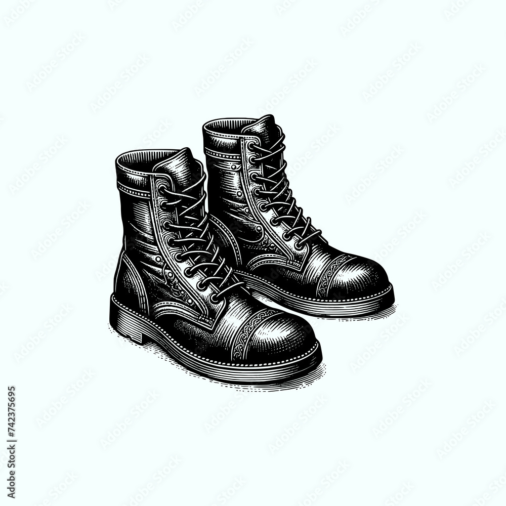 hand drawn art style leather boot shoes vector illustration