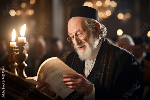  Senior Jewish rabbi in his 60s reading from the Torah during Sabbath in a bustling New York synagogue
