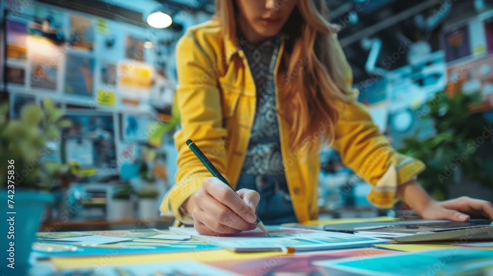 Obraz premium A focused female designer selects color samples for a creative project in a vibrant workspace.