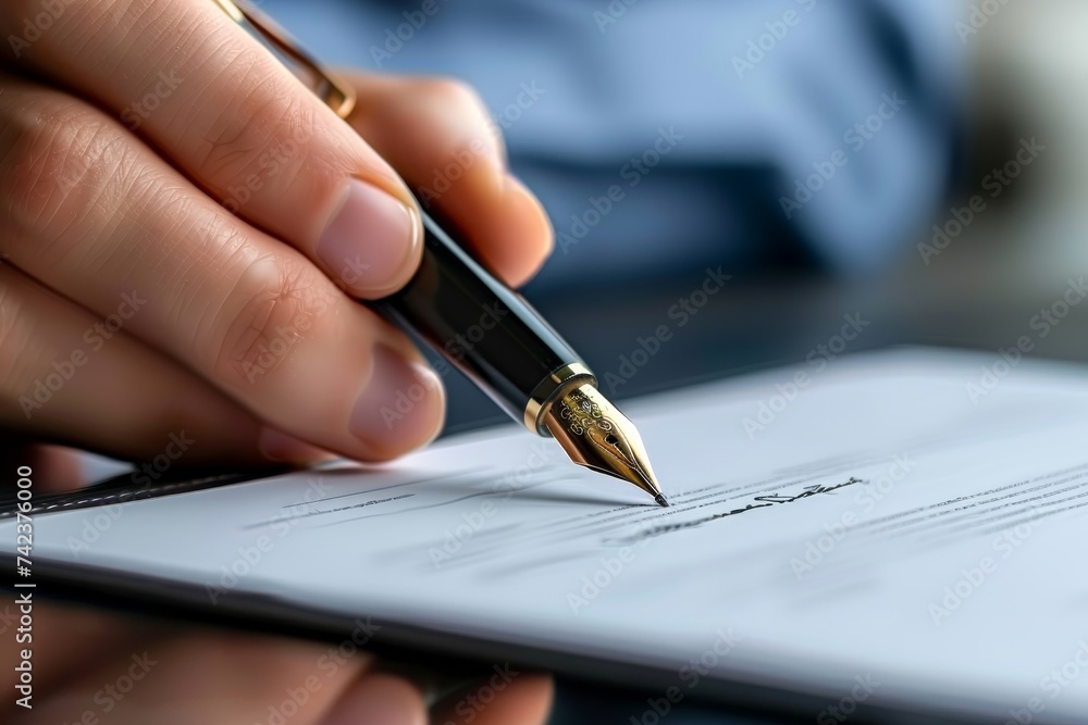 Close-up of a hand signing a formal document with a sophisticated fountain pen, depicting business agreements. - obrazy, fototapety, plakaty 