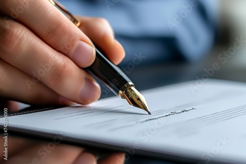 Close-up of a hand signing a formal document with a sophisticated fountain pen, depicting business agreements. © Vatcharachai
