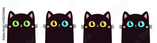 Cat face set. Kitten with big yellow, blue, green eyes. Black silhouette icon. Cute cartoon funny pet baby character. Funny kawaii animal. Pink ears, nose, cheek. Flat design. White background. © worldofvector