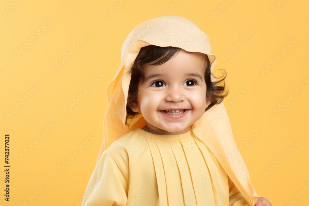 2 year-old Saudi toddler girl in traditional Saudi costume against a soft yellow pastel solid background, copy space 2 year-old Saudi toddler girl in traditional Saudi costume against a soft yellow pastel solid background, copy space
