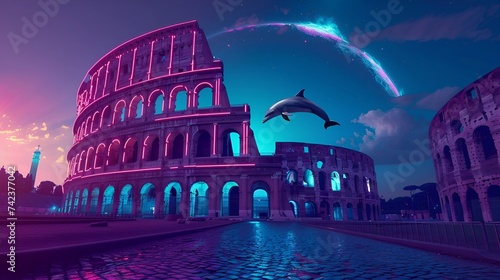 Ancient Rome reborn in neon lights, a dolphin leaping over the Colosseum under a glowing solar eclipse 