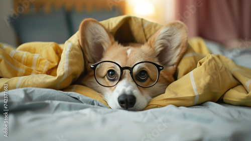 Corgi puppy lying on the bed under the covers