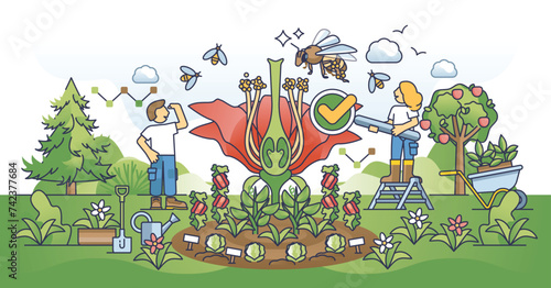 Pollination process for plant reproduction from pollinators outline concept. Agricultural garden with bees flying to flowers and working on fertilization vector illustration. Biodiversity importance.