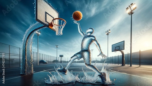 A dynamic sculpture of a basketball player made of water, skillfully executing a layup, set against a sunset-lit outdoor court and a clear sky.Sport concept.AI generated.