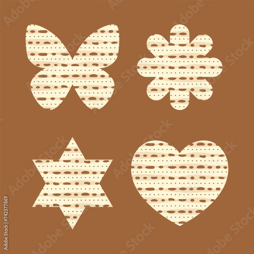 Decorations from matzah bread in the form of a butterfly, heart, flower, star of David. Set of vector elements for Passover festival