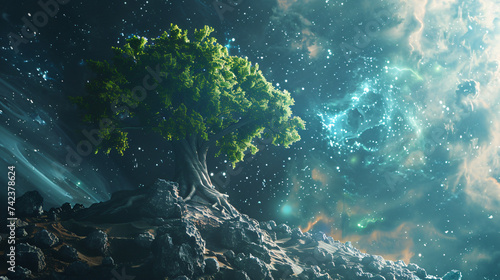 Cosmic nebula growing gigantic tree growing