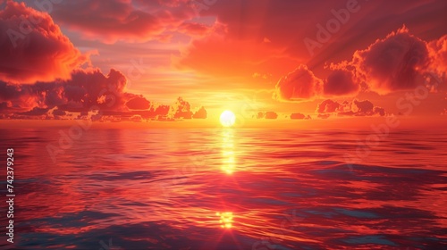 The sun sets below the horizon  casting a warm glow over the calm ocean  with clouds reflecting on the water s surface.