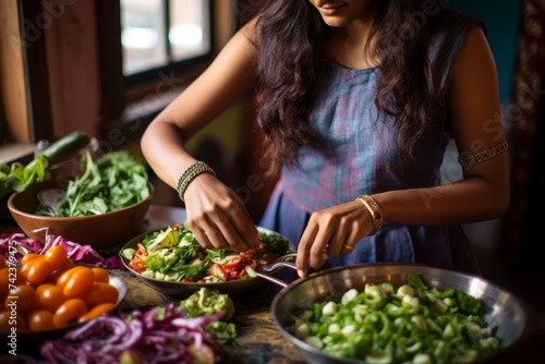 A close-up of a 20-year-old Indian woman preparing a colorful salad, encouraging nutritious eating habits on World Health Day