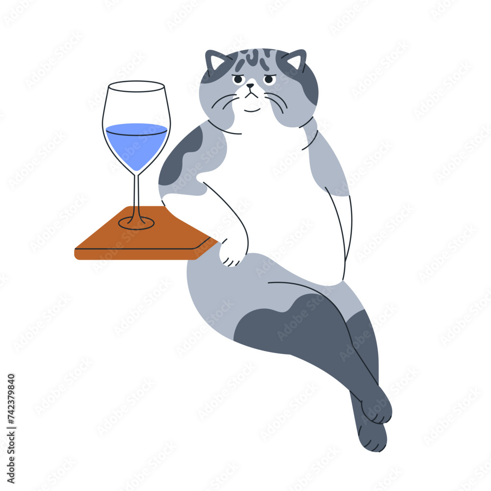 Cute cat sitting with wineglass. Funny elegant kitty leaning on table ...