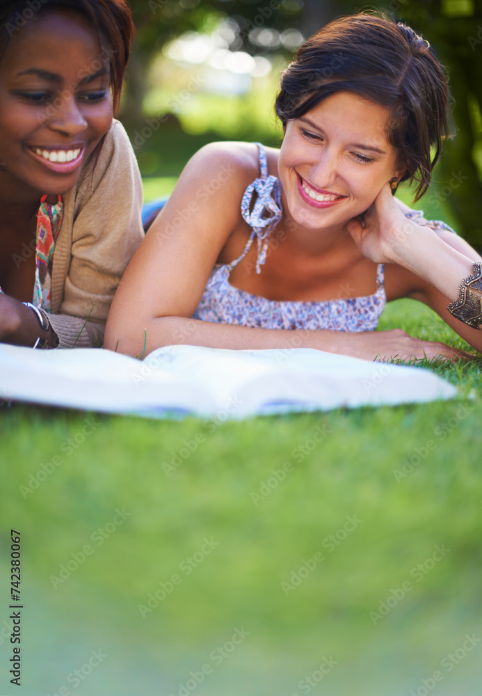 Reading, students and women with books on grass for knowledge, learning and studying at college. University, education and friends with textbook for literature, research and information in park Reading, students and women with books on grass for knowledge, learning and studying at college. University, education and friends with textbook for literature, research and information in park