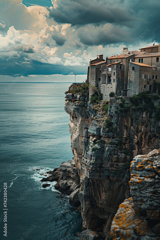 A cliffside town clinging to the edge of rugged cliffs, offering dramatic views of the sea below