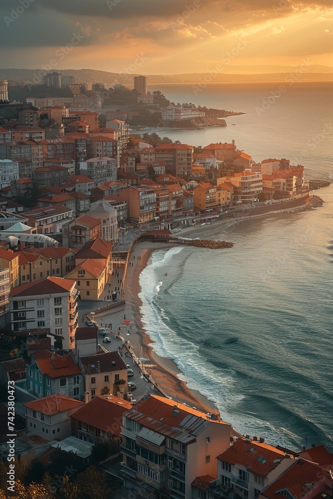 An aerial perspective of a coastal city situated alongside the ocean, showcasing urban buildings, roads, and waterfront structures under the warm sunrise light