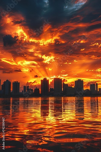 The sun sets over a large body of water, casting a fiery glow over the coastal city skyline. The water reflects the vibrant colors of the sunset, creating a stunning sight