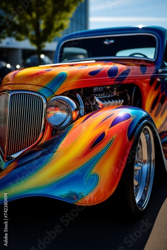 A colorful hot rod with custom paint and chrome detailing is parked on the side of the road. The bright hues of the car stand out against the backdrop of the street