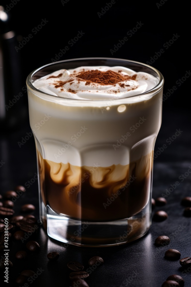 A glass filled with a creamy white Russian cocktail made with vodka, coffee liqueur, and cream, layered with coffee beans on top for decoration and flavor enhancement A glass filled with a creamy white Russian cocktail made with vodka, coffee liqueur, and cream, layered with coffee beans on top for decoration and flavor enhancement