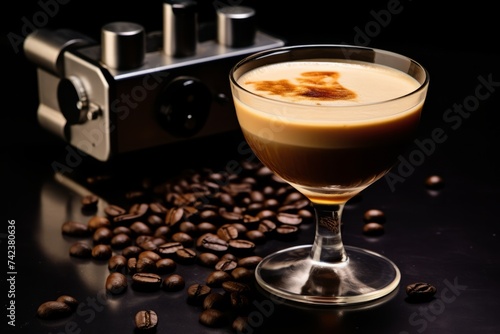 A glass filled with coffee sits on a wooden table alongside coffee beans. The rich aroma of coffee is evident in the setting photo