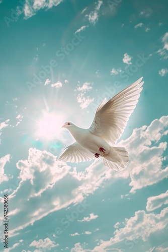 A white bird is seen flying gracefully through a sky filled with fluffy blue clouds © Vit