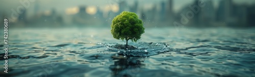 A small tree emerges from the water in a natural landscape