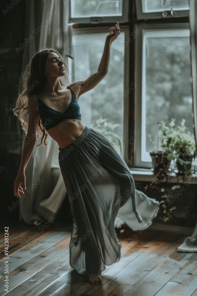 A woman is gracefully dancing in front of a window, moving fluidly and emotively as the natural light streams in
