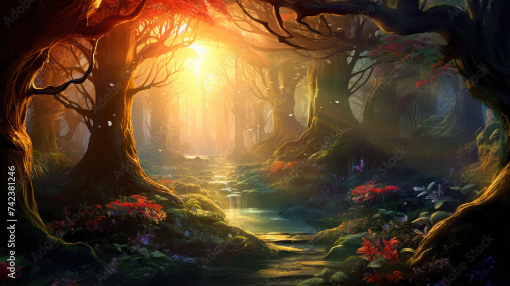 Enchanted forest scenery with mystical light and colorful flora. Fantasy landscape.