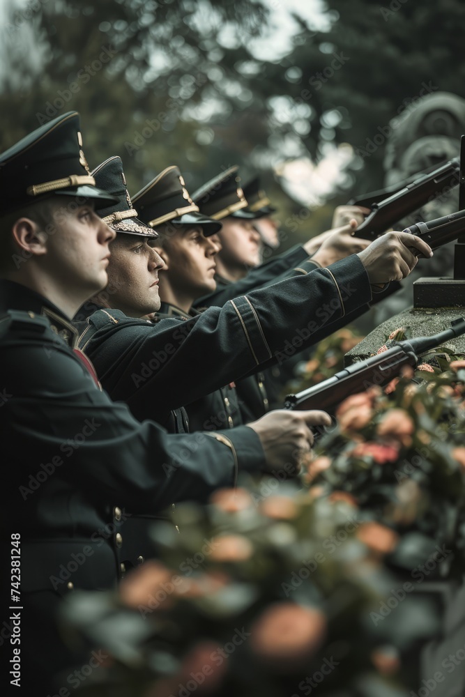 A group of men in military uniforms is standing next to each other, possibly during a military funeral or ceremony. They are solemn and engaged in their duties, presenting a unified front