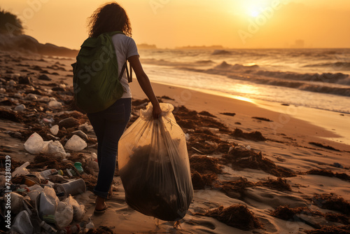 A volunteer collects plastic and trash on the beach