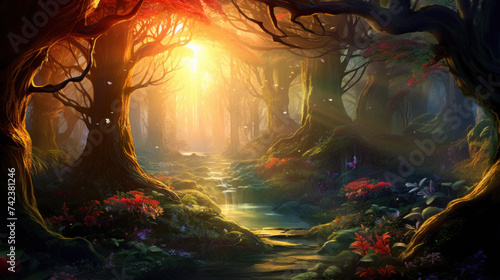 Enchanted forest scenery with mystical light and colorful flora. Fantasy landscape.