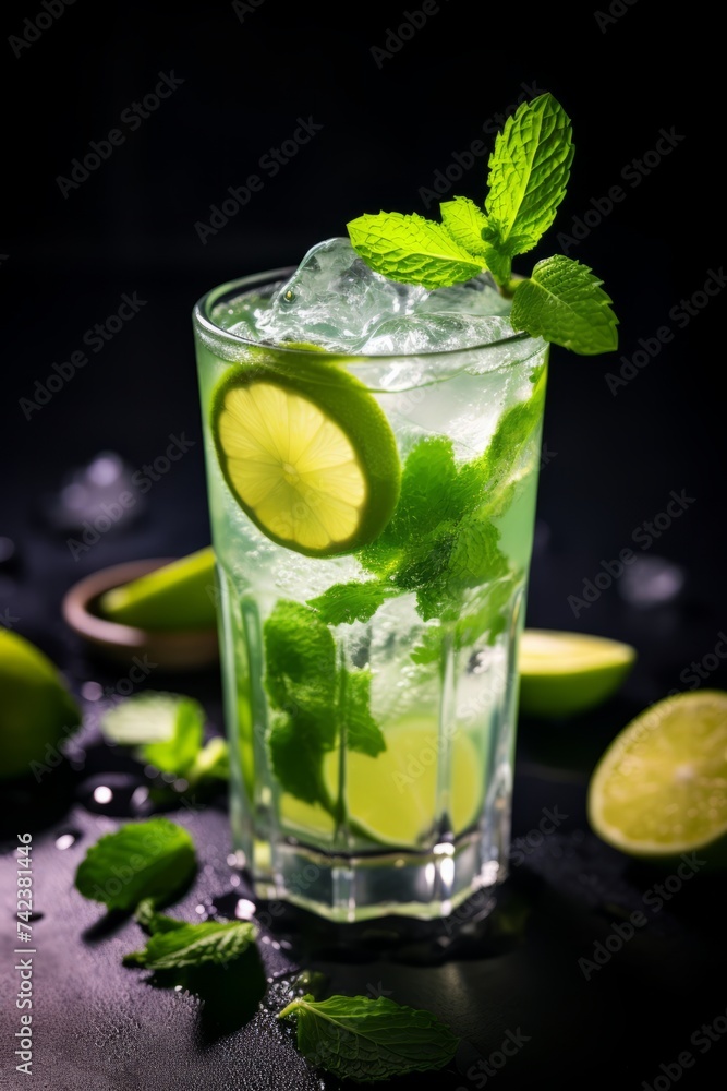 A glass of mojito filled with a refreshing blend of lime juice, mint leaves, and ice cubes. The drink is garnished with fresh mint leaves, creating a vibrant and zesty cocktail A glass of mojito filled with a refreshing blend of lime juice, mint leaves, and ice cubes. The drink is garnished with fresh mint leaves, creating a vibrant and zesty cocktail