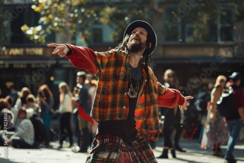 A man wearing a kilt is energetically dancing in front of a crowd of onlookers, showcasing traditional Scottish moves and captivating the audience with his performance photo