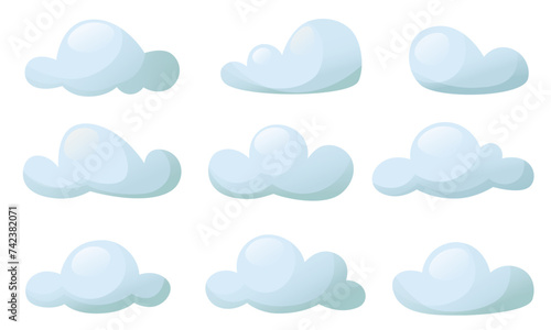 A set of volumetric cartoon clouds. Blue clouds on a white background.Cloudy weather symbol. Vector illustration, clipart.