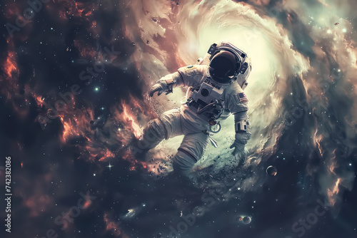Astronaut into black hole galaxy abstract background. Generative ai. © tonktiti
