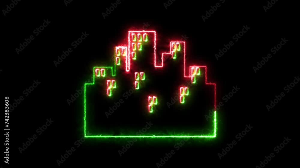 Cityscape icon neon fire green red color animation black background Cityscape icon neon fire green red color animation black background