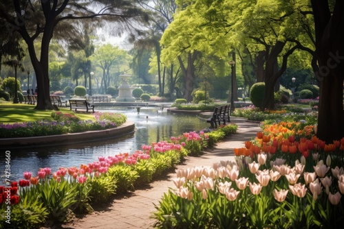 pretty city park with ponds, birds and vibrant flower beds.