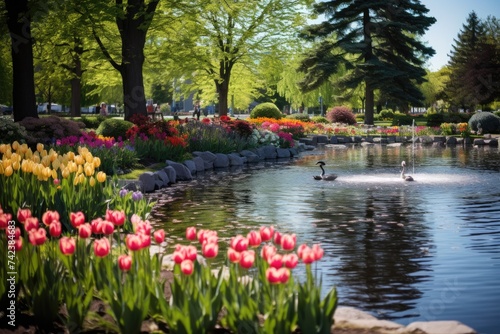 pretty city park with ponds, birds and vibrant flower beds.