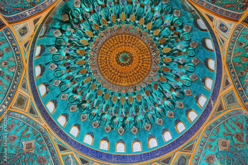 stunning dome of an Islamic mosque decorated with radiant stars and ornate shapes.