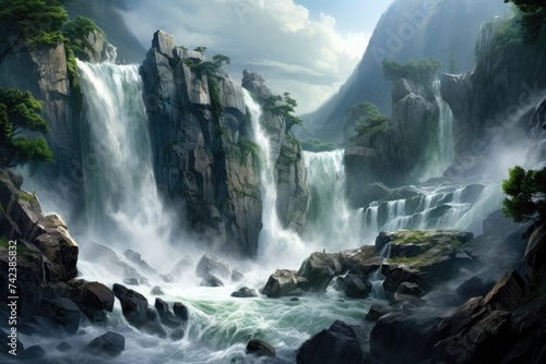 thunderous roaring waterfall cascading down a rocky cliff