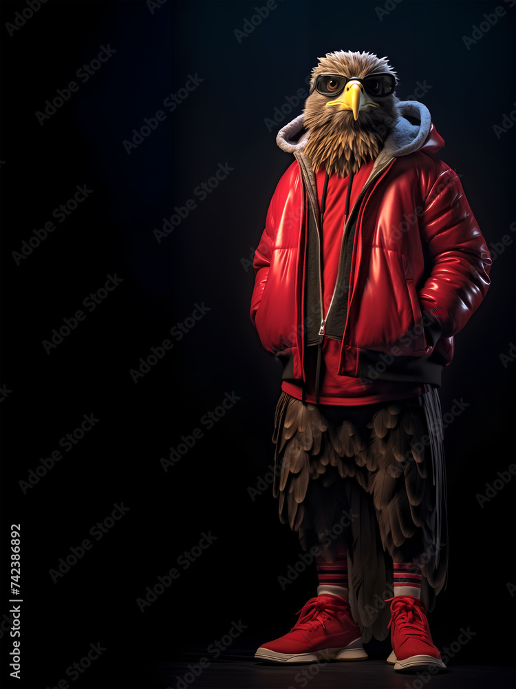 Creative animal concept. Hawk bird full body in hip hop stylish fashion isolated on dark background, commercial, editorial advertisement, surreal, copy text space	
